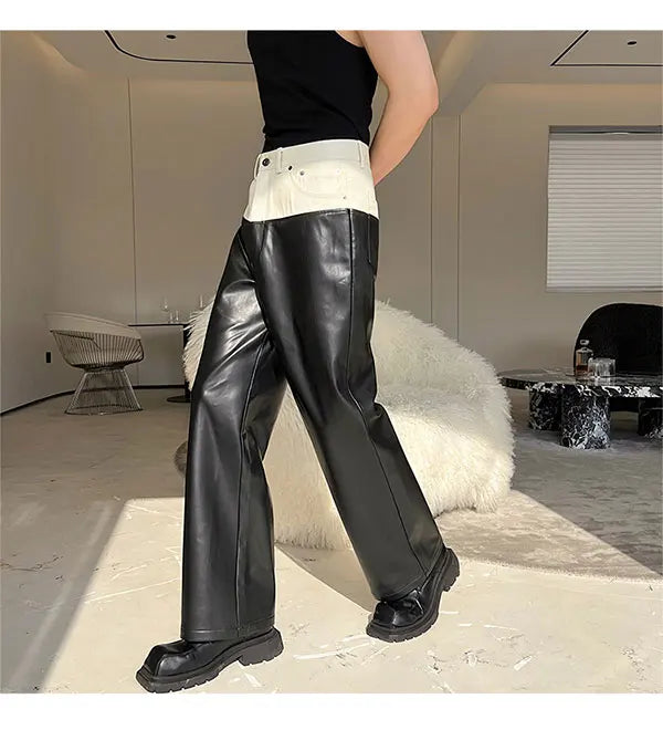 Trendy Colour Contrast Splicing Leather Pants