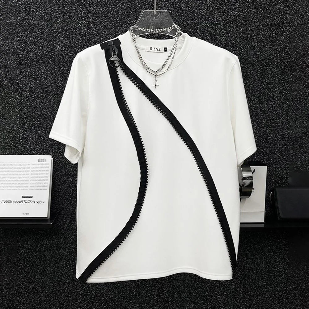 Mens T-Shirt Zipper Short-Sleeved T-Shirt