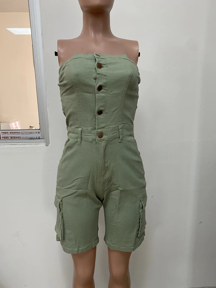 Strapless Button up Denim Romper