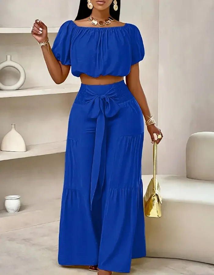 Wide Leg High waist Pants with Solid Micro Flare