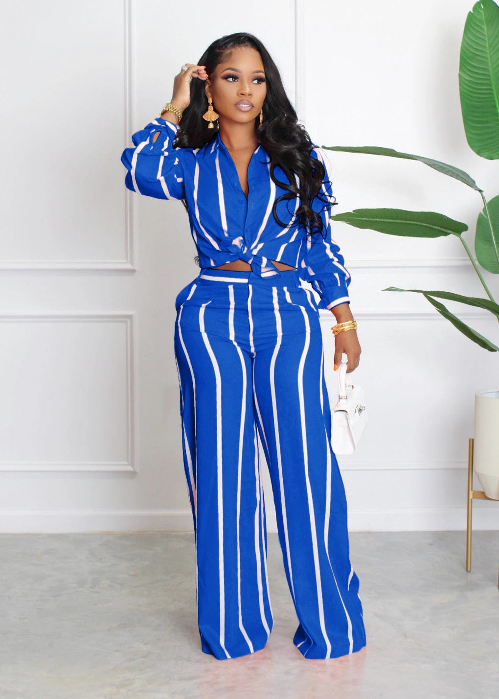 Printed Striped Shirt & Loose Straight Trousers
