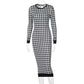 Houndstooth Print Women Long Sleeve Bodycon Midi Dress - JELESACK