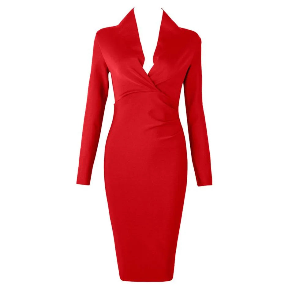 Deep V Neck Full Sleeves Women Bandage Bodycon Dress - JELESACK