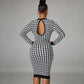 Houndstooth Print Women Long Sleeve Bodycon Midi Dress - JELESACK