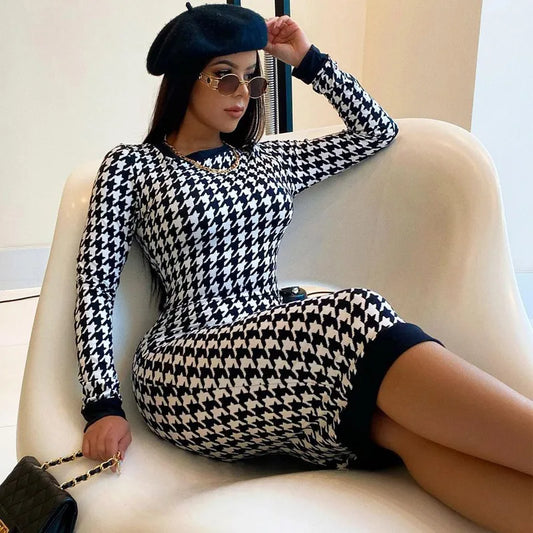 Houndstooth Print Women Long Sleeve Bodycon Midi Dress - JELESACK