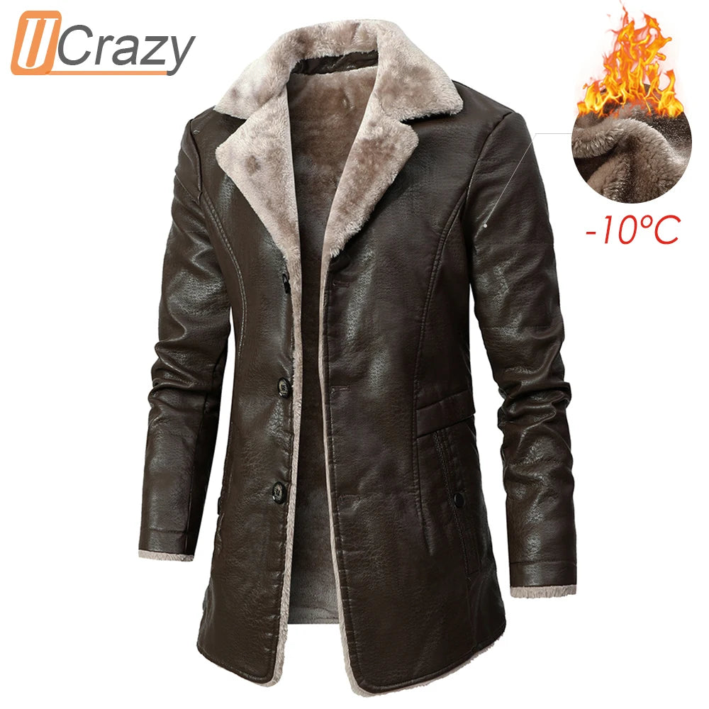 Casual Long Thick Fleece Leather Jacket - JELESACK