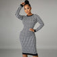 Houndstooth Print Women Long Sleeve Bodycon Midi Dress - JELESACK