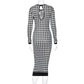 Houndstooth Print Women Long Sleeve Bodycon Midi Dress - JELESACK