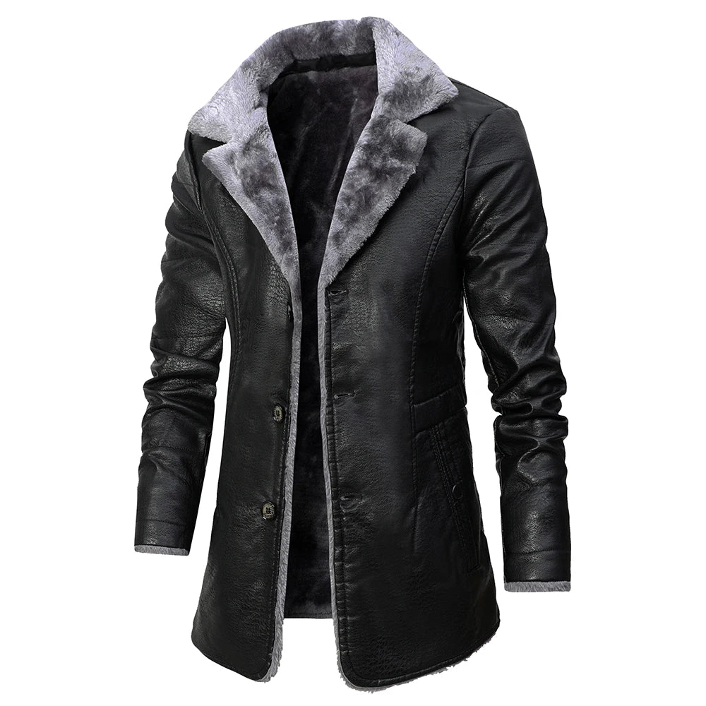 Casual Long Thick Fleece Leather Jacket - JELESACK