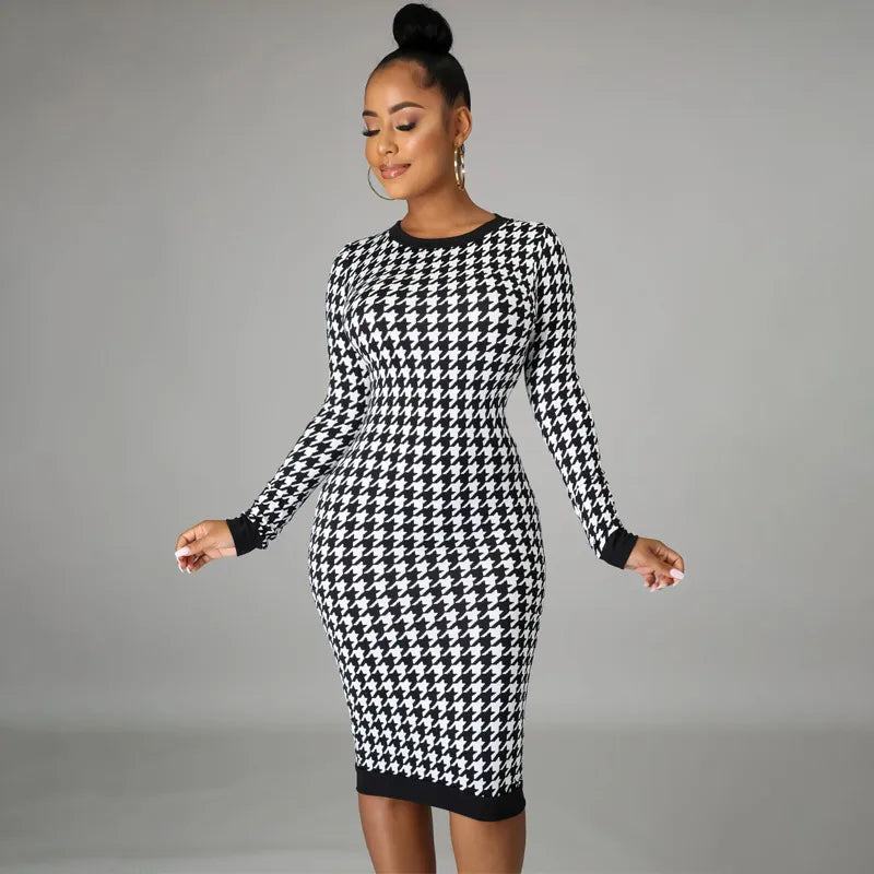 Houndstooth Print Women Long Sleeve Bodycon Midi Dress - JELESACK