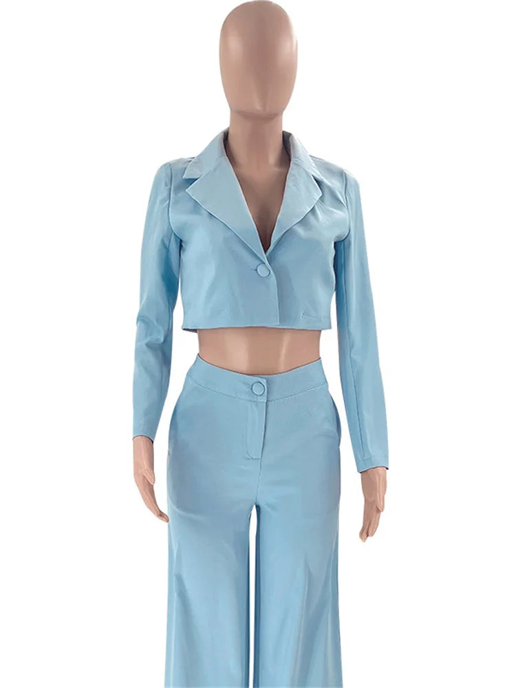 Two Piece Long Sleeve Suit & High Waist Wide Leg Pants