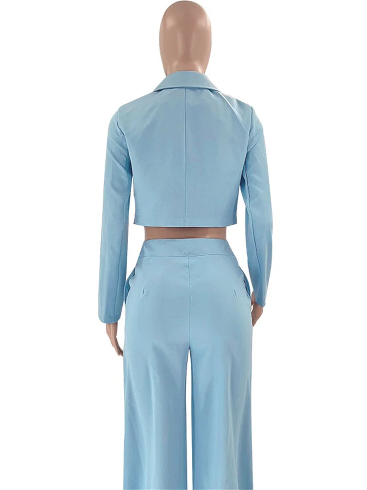 Two Piece Long Sleeve Suit & High Waist Wide Leg Pants