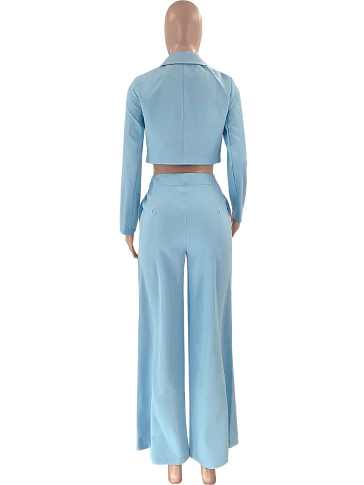 Two Piece Long Sleeve Suit & High Waist Wide Leg Pants