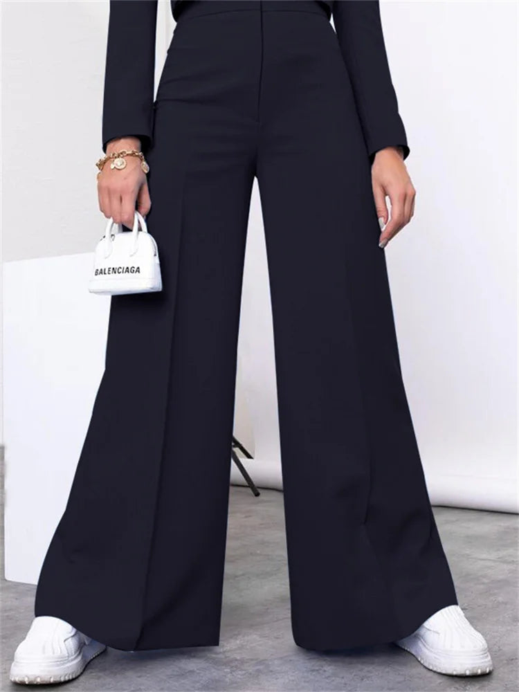 Two Piece Long Sleeve Suit & High Waist Wide Leg Pants