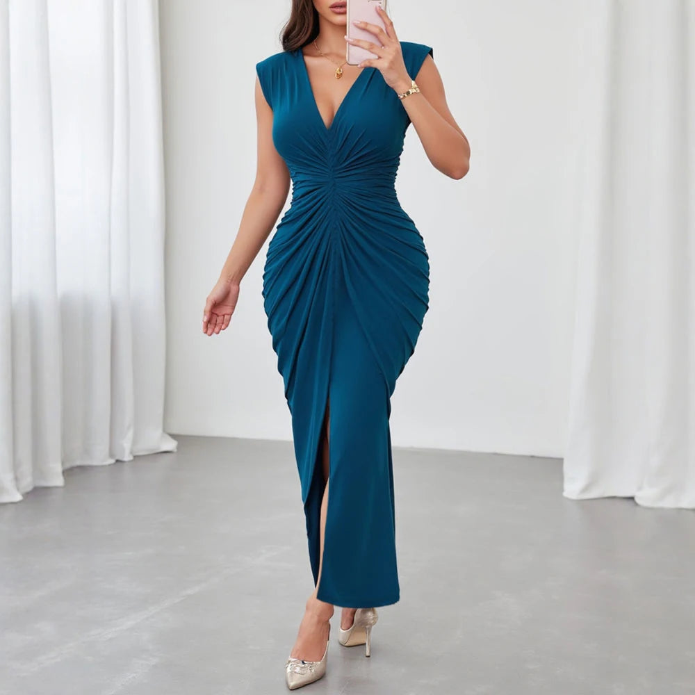 V-Neck Midi Slit Wrap  Dress