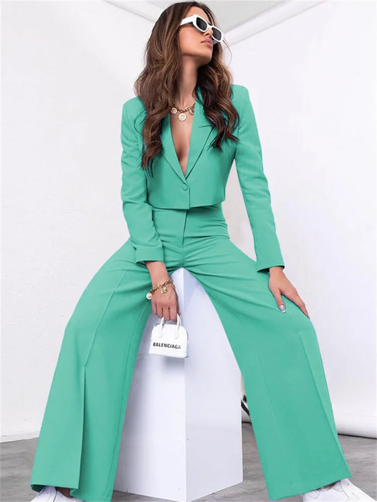 Two Piece Long Sleeve Suit & High Waist Wide Leg Pants