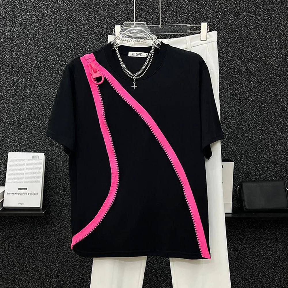 Mens T-Shirt  Zipper Short-Sleeved T-Shirt