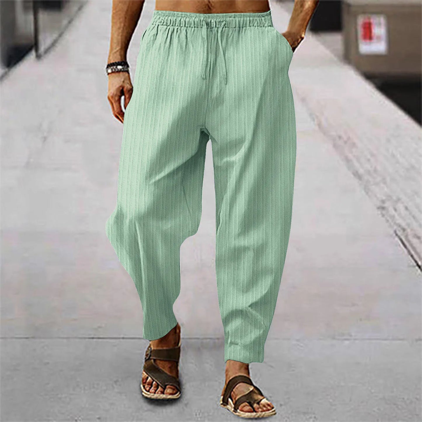 Breathable blend cotton stripe loose trousers