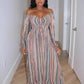 Striped Print Drawstring Full Sleeve  Pleated Long Dress