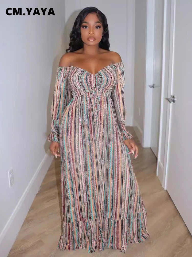 Striped Print Drawstring Full Sleeve  Pleated Long Dress