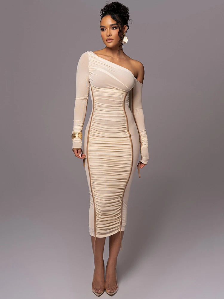 Two Layer Mesh Backless Ruched Bodycon Long Dress - JELESACK