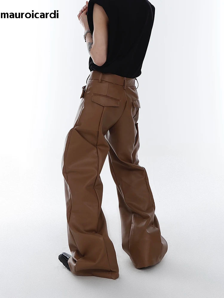 Long Loose Casual Brown Black Pu Leather Pants