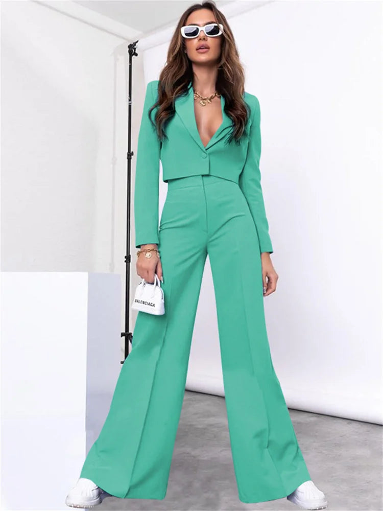 Two Piece Long Sleeve Suit & High Waist Wide Leg Pants