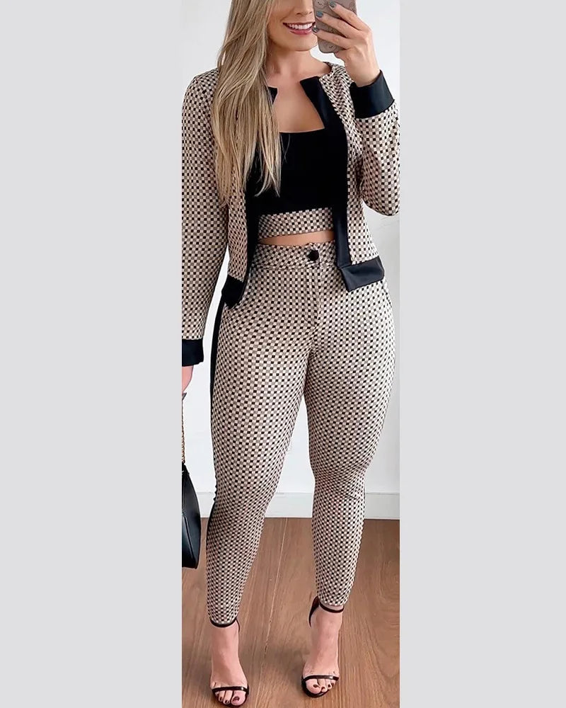 Three-piece Set Printed Tight Plaid Vest & trousers - JELESACK