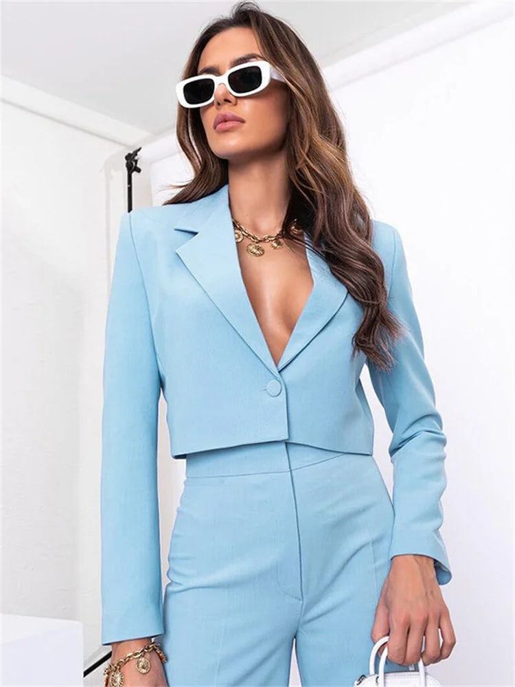 Two Piece Long Sleeve Suit & High Waist Wide Leg Pants