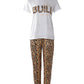 Leopard Print Short Sleeve Letter T shirt & Casual Pants.