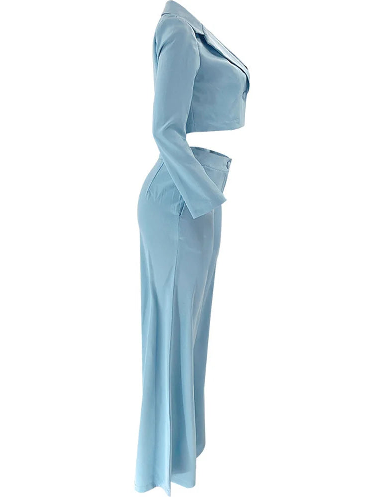 Two Piece Long Sleeve Suit & High Waist Wide Leg Pants