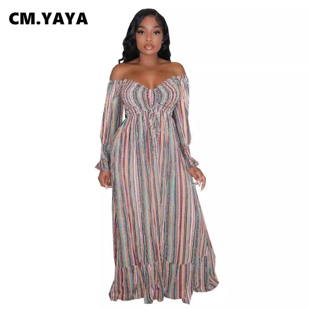 Striped Print Drawstring Full Sleeve  Pleated Long Dress