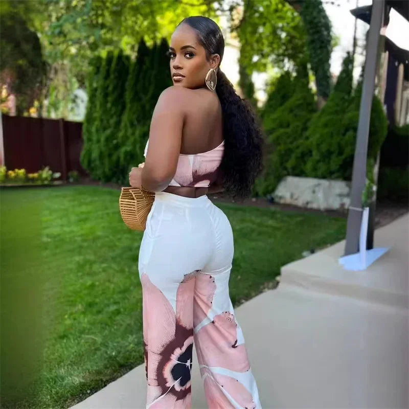 Two piece Set shoulder crop top and trousers