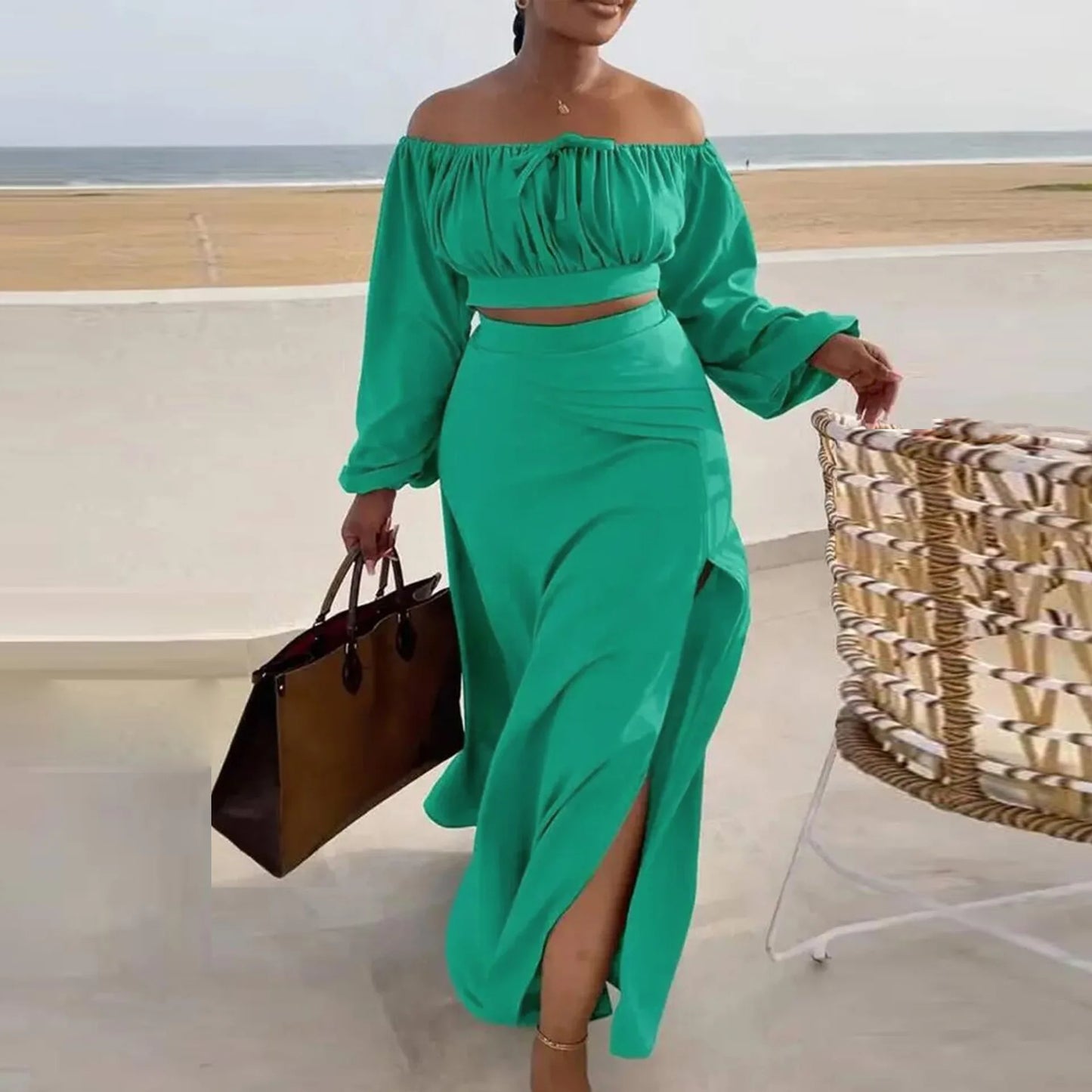 Off  Shoulder Long Sleeve Crop Tops & Split Long Skirts