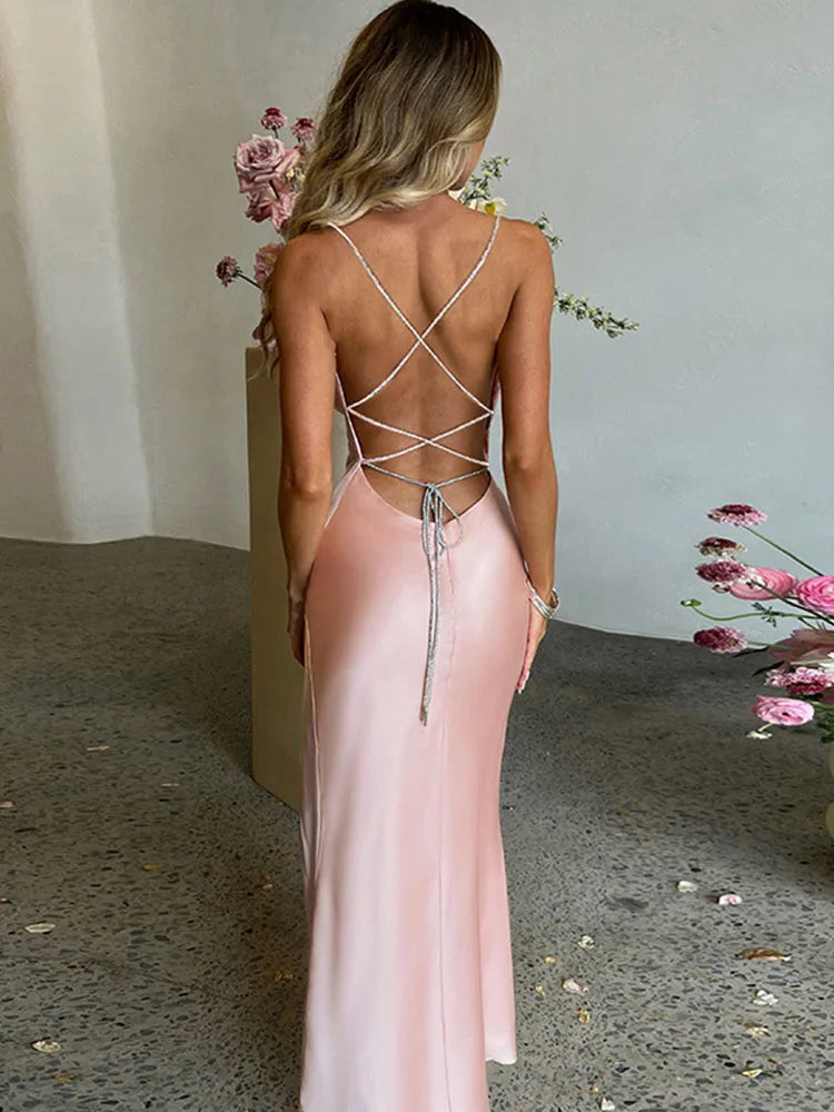 Split Spaghetti Strap Backless Dress - JELESACK