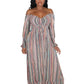 Striped Print Drawstring Full Sleeve  Pleated Long Dress