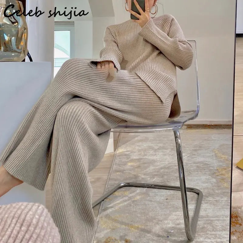 Khaki Sweater + Wide Leg Pants - JELESACK