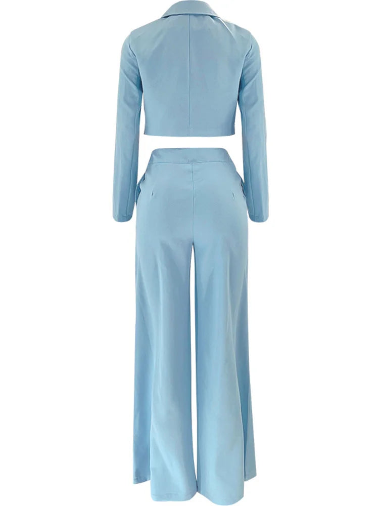 Two Piece Long Sleeve Suit & High Waist Wide Leg Pants