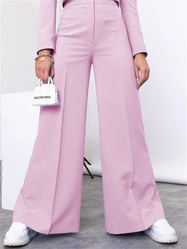 Two Piece Long Sleeve Suit & High Waist Wide Leg Pants