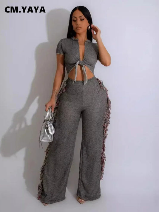 Short Sleeve Tassel  V-Neck Tie Up Sporty Jumpsuits