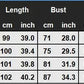 Table displaying measurements for different sizes of clothing in centimeters and inches.