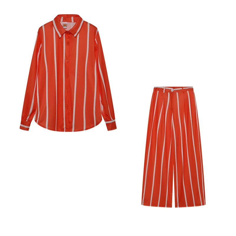 Printed Striped Shirt & Loose Straight Trousers