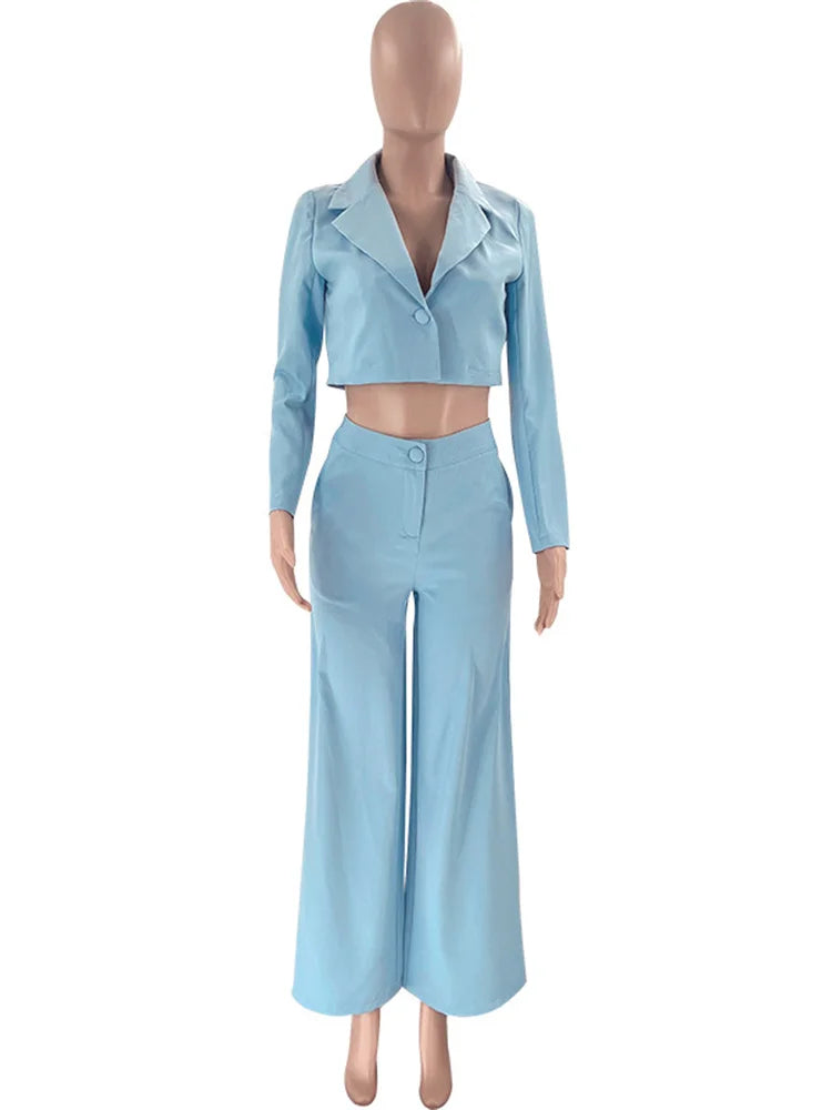 Two Piece Long Sleeve Suit & High Waist Wide Leg Pants