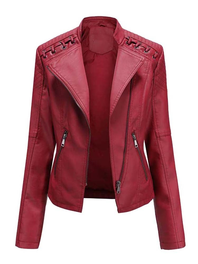 Faux Women's Leather Jackets Long Sleeve - JELESACK