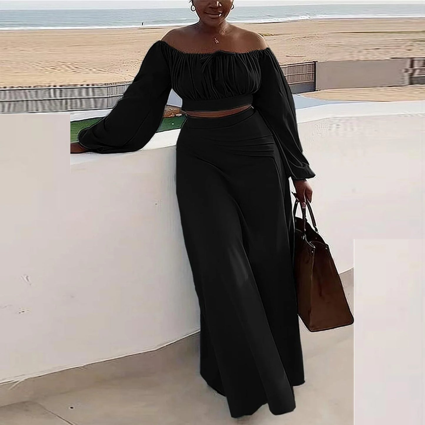 Off  Shoulder Long Sleeve Crop Tops & Split Long Skirts