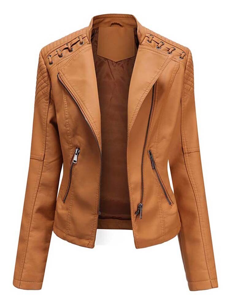 Faux Women's Leather Jackets Long Sleeve - JELESACK