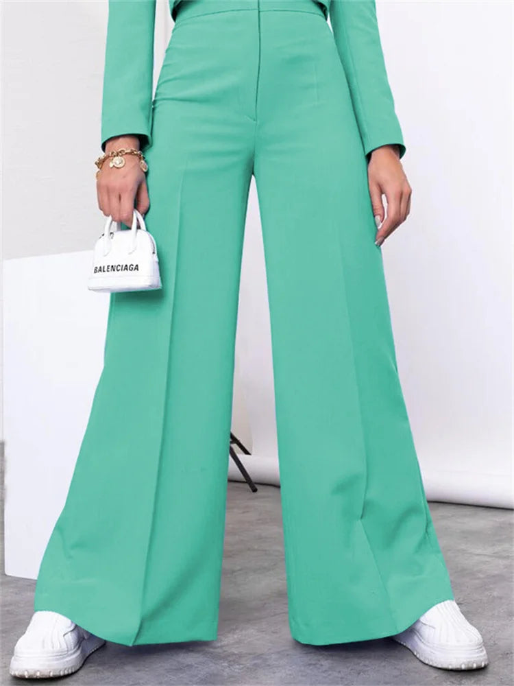 Two Piece Long Sleeve Suit & High Waist Wide Leg Pants