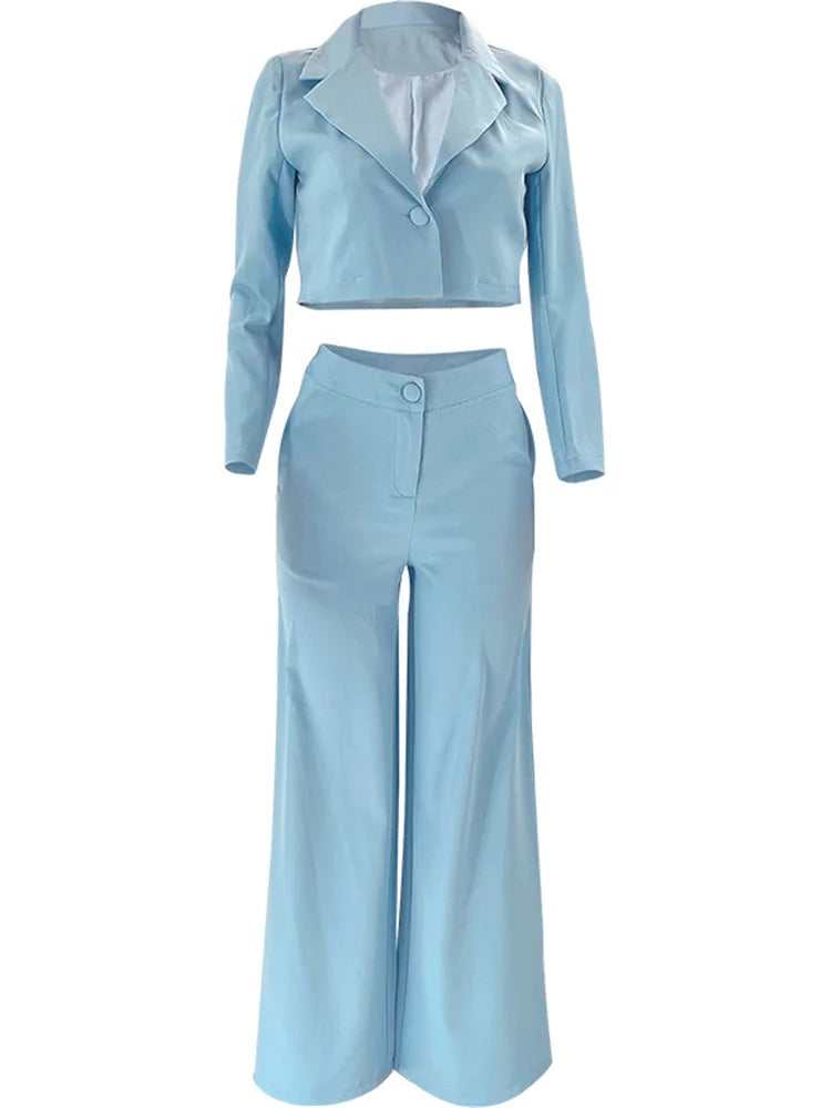 Two Piece Long Sleeve Suit & High Waist Wide Leg Pants