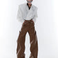 Long Loose Casual Brown Black Pu Leather Pants