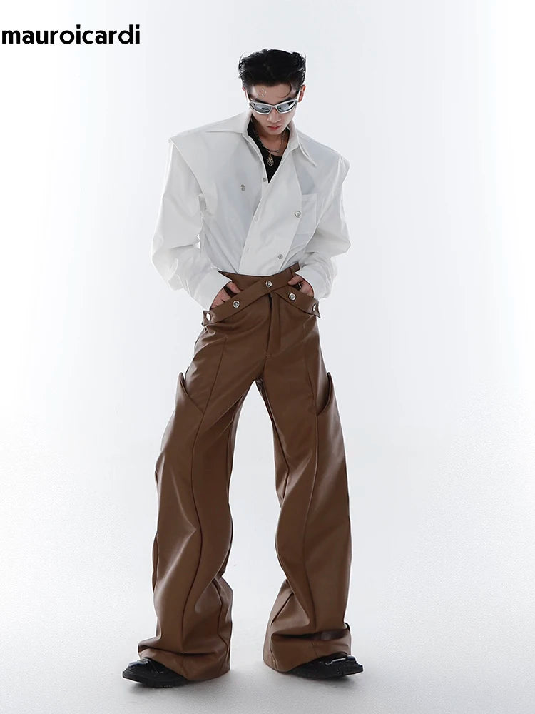 Long Loose Casual Brown Black Pu Leather Pants